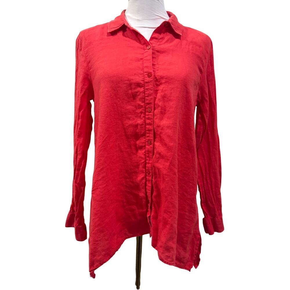 Eileen Fisher Hot Pink Organic Linen Long Sleeve Button Up Shirt Petite Small